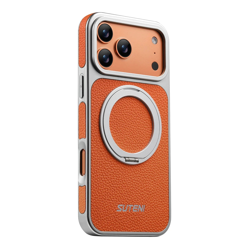 Litchi Texture MagSafe Case with Built-in Ring Stand for iPhone 17 Series