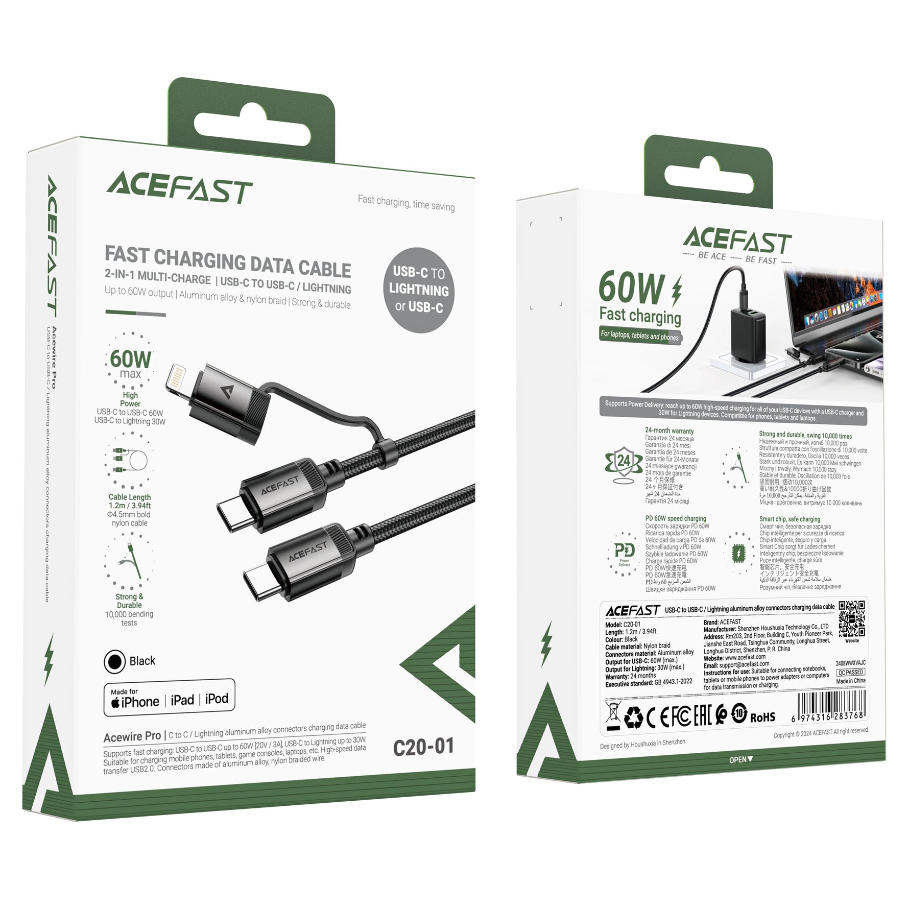 ACEFAST 2-in-1 MFi Certified USB-C to USB-C & Lightning Cable