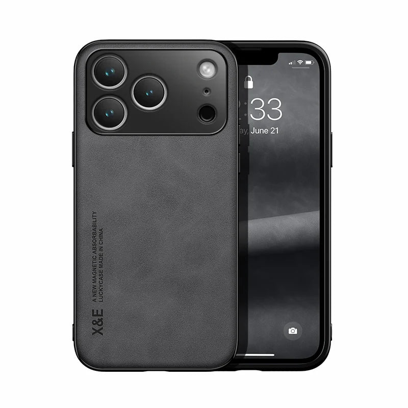 iPhone 17 Series PU Leather Magnetic Case with Built-In Metal Plate