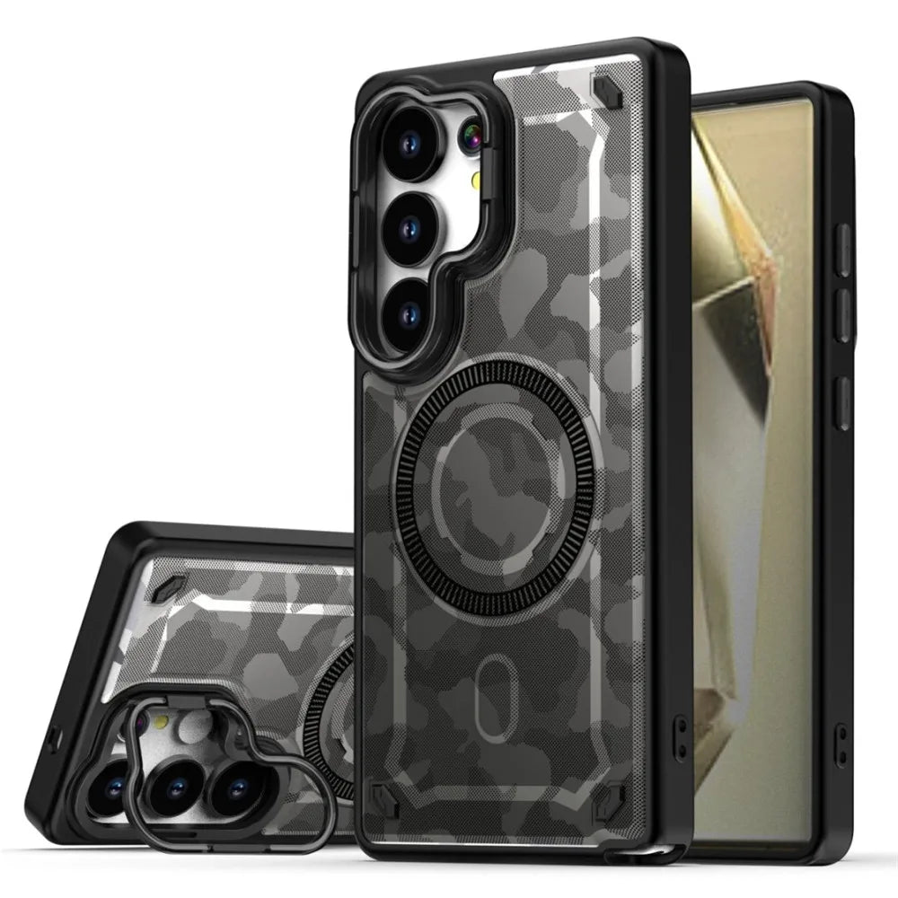 Protective Military Camouflage Magnetic Case with Lens Stand for Samsung Galaxy S24 Series