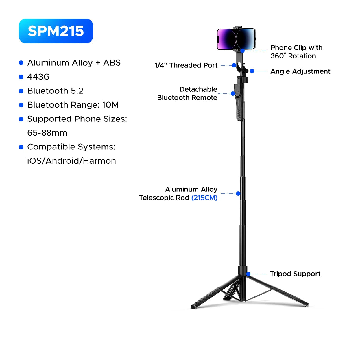 ORICO 2.15m Aluminum Selfie Stick Tripod Bluetooth Remote