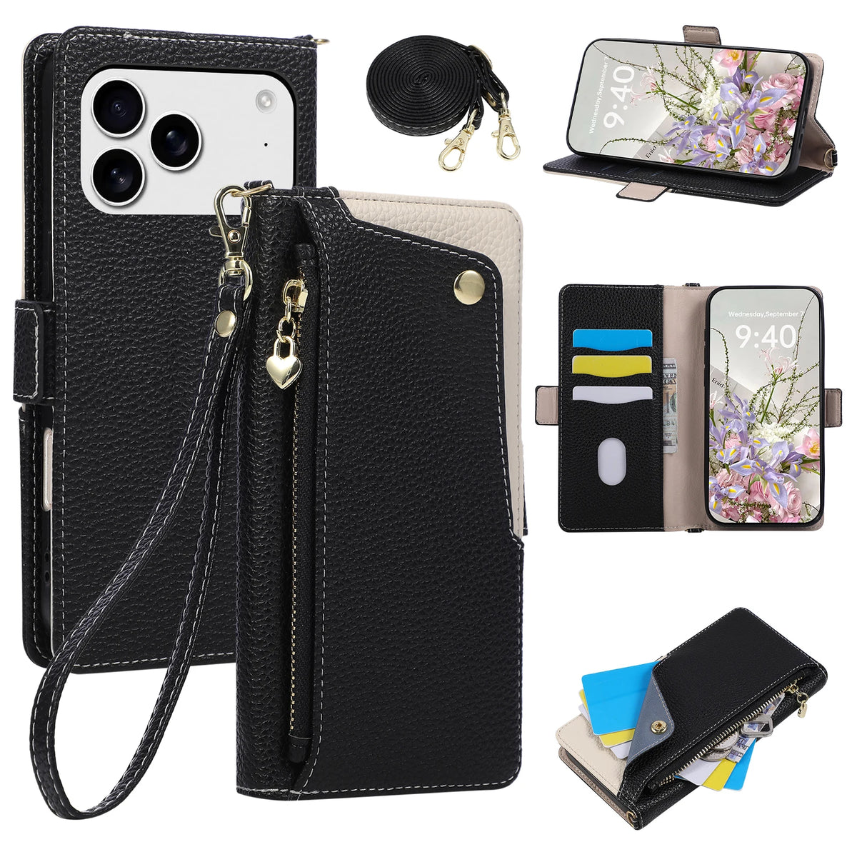 Pebbled Leather Crossbody Wallet Case with Detachable Shoulder Strap for iPhone 18 Series