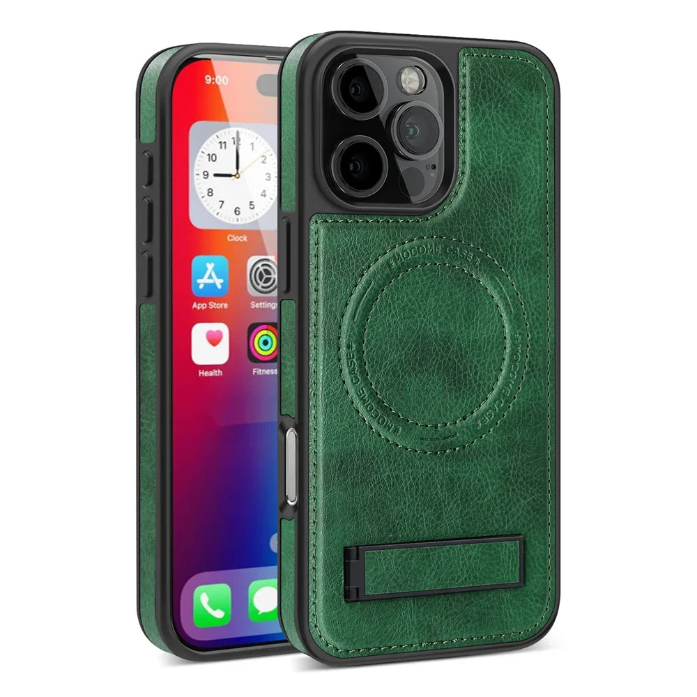 Stylish MagSafe Leather Case with Stand for iPhone 16 Series