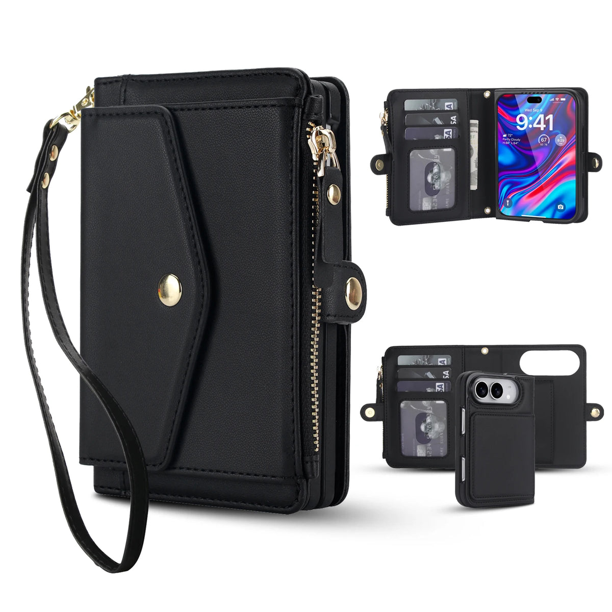 Zipper Wallet Crossbody Case with Detachable Phone Case for iPhone Duo
