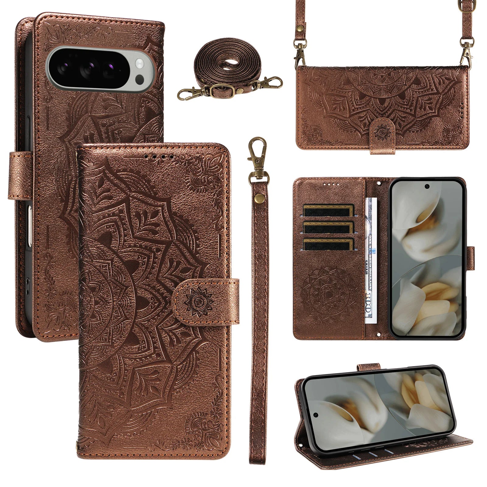 Luxury Embossed Datura Leather Case for Google Pixel 9 Series