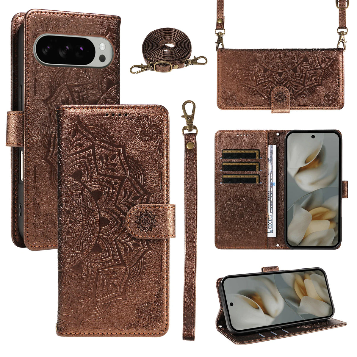 Luxury Embossed Datura Leather Case for Google Pixel 9 Series