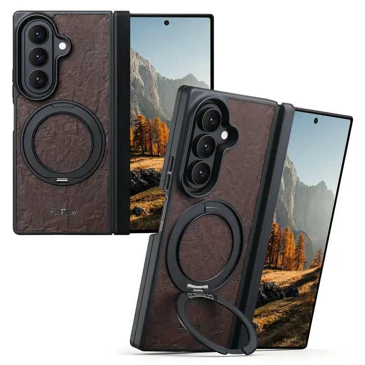 Textured Leather Magnetic Case with 360° Rotating Ring Stand for Samsung Galaxy Z Fold 7