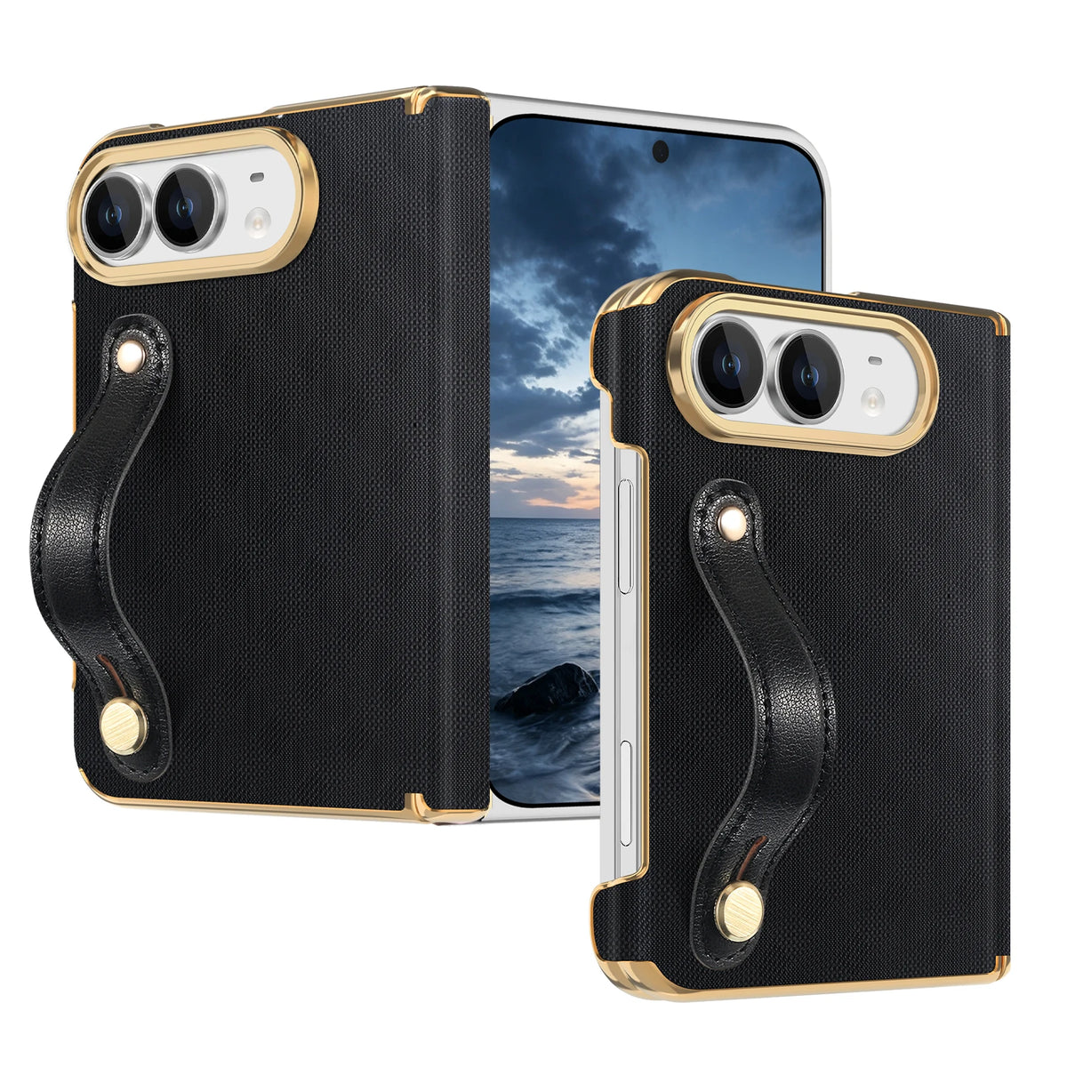 Textured Leather Case with Wrist Strap and Hinge Protection for iPhone Duo
