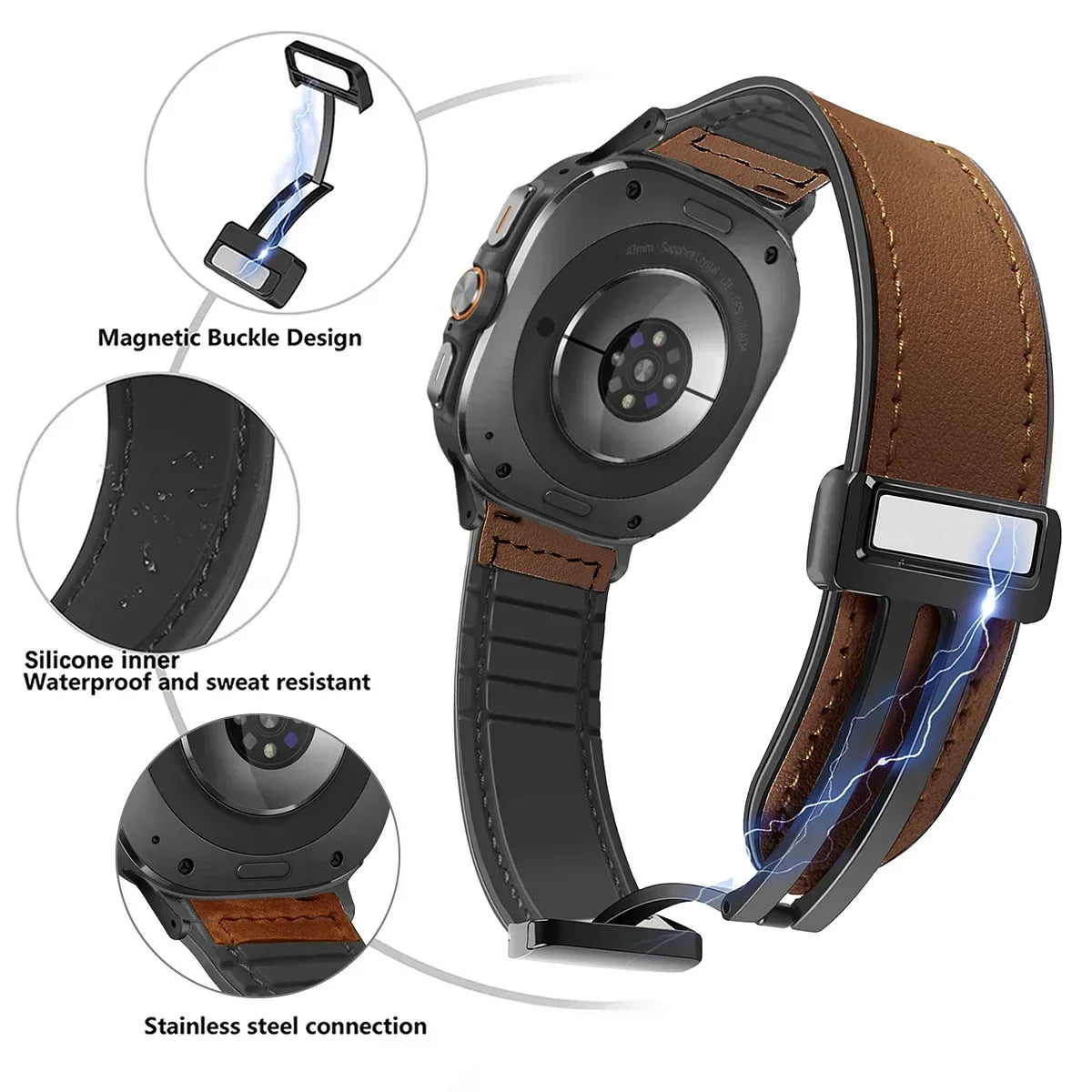 Leather Silicone Watchband with Magnetic Buckle Closure for Samsung Galaxy Watch Ultra 2