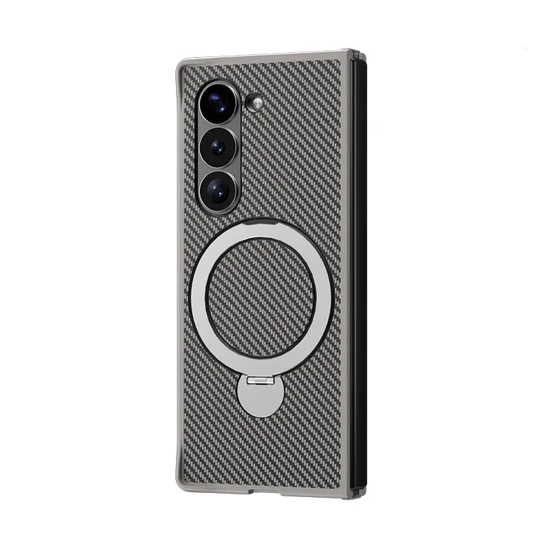 Shockproof Carbon Fiber Leather Phone Case with Rotating Holder for Samsung Galaxy Z Fold 5