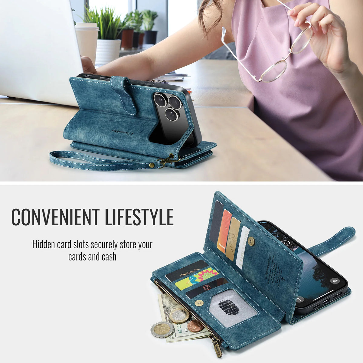 10-Card Leather Wallet Case with Detachable Lanyard for iPhone 18 Series