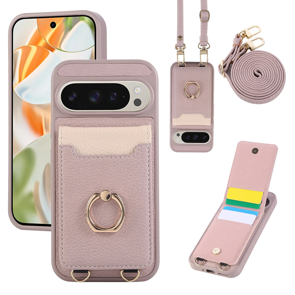 Lychee Grain Leather Dual-Strap Lanyard Case with Metal Ring Holder for Google Pixel 11 Series