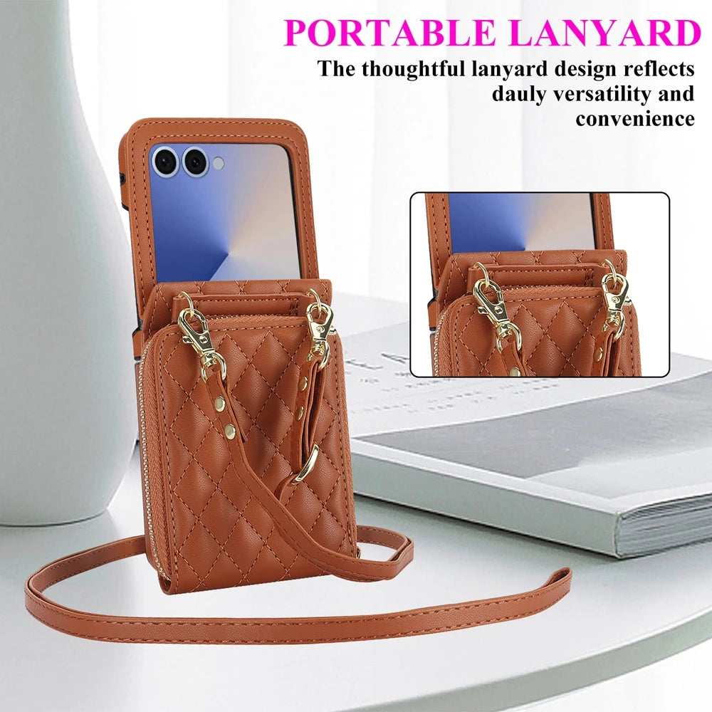 Shockproof Leather Crossbody Case with Lanyard and Wallet Pouch for Samsung Galaxy Z Flip 7