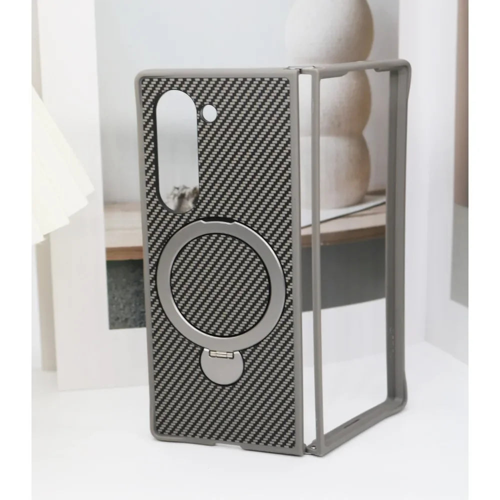 Carbon Fiber Leather Case with Rotating Ring Bracket for Samsung Galaxy Z Fold 6