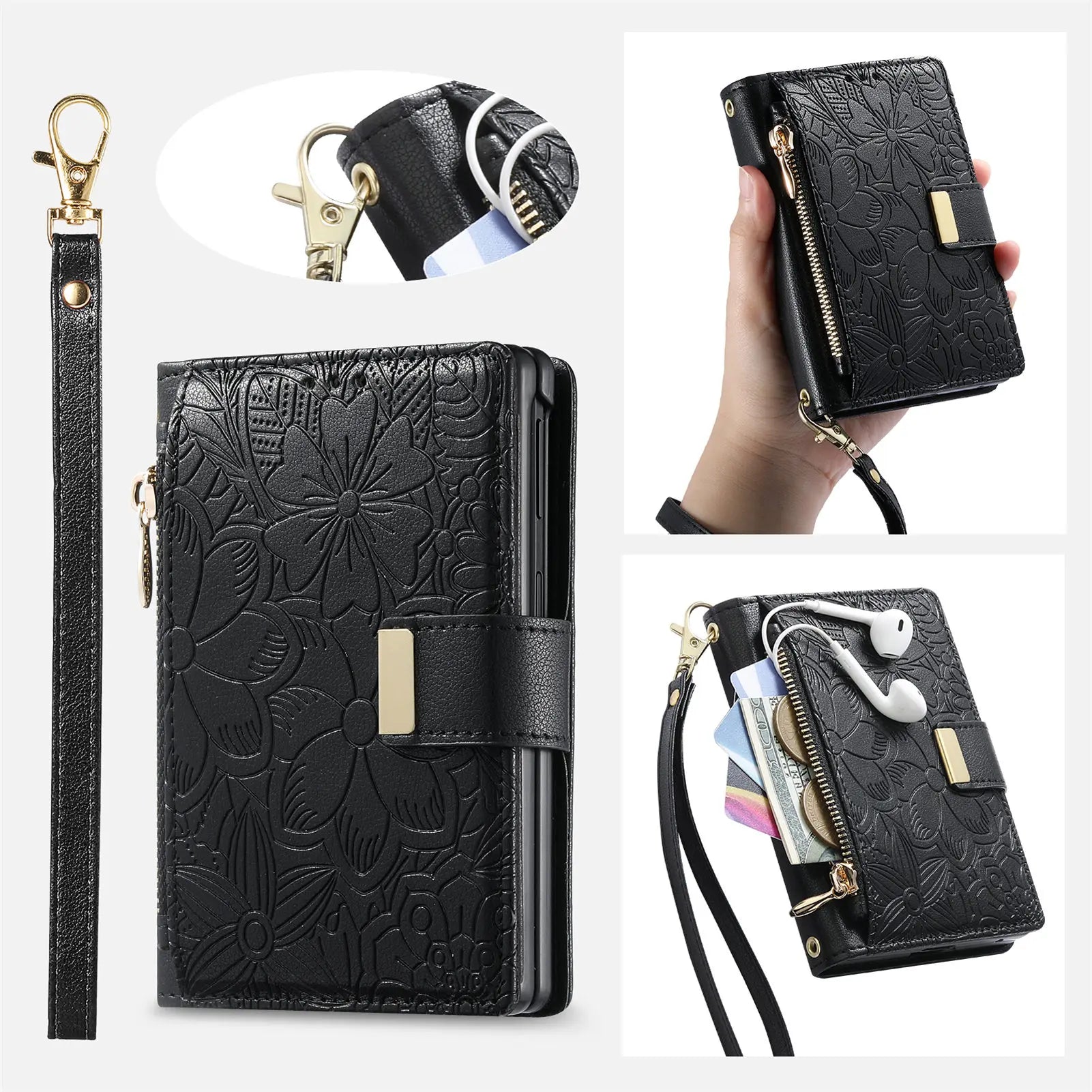 Fashion Leather Wallet Case with Zipper Pocket and Strap for Samsung Galaxy Z Fold 8