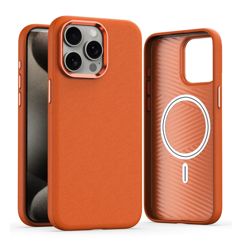 Luxury Magnetic Plain Leather Case with Wireless Charging Support for iPhone 15 Series