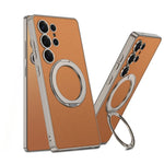 Electroplate Leather Shockproof Magnetic Case with Rotating Ring Bracket for Samsung Galaxy S25 Ultra
