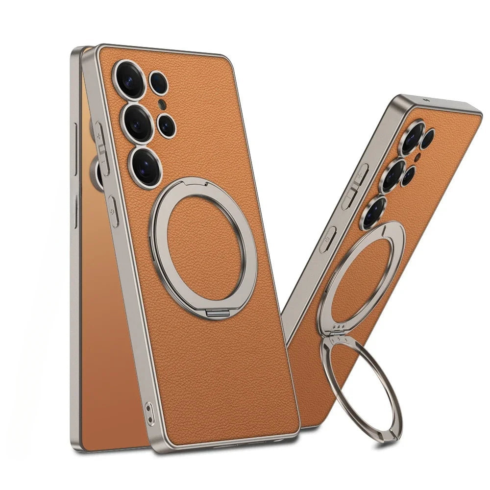 Electroplate Leather Shockproof Magnetic Case with Rotating Ring Bracket for Samsung Galaxy S25 Ultra