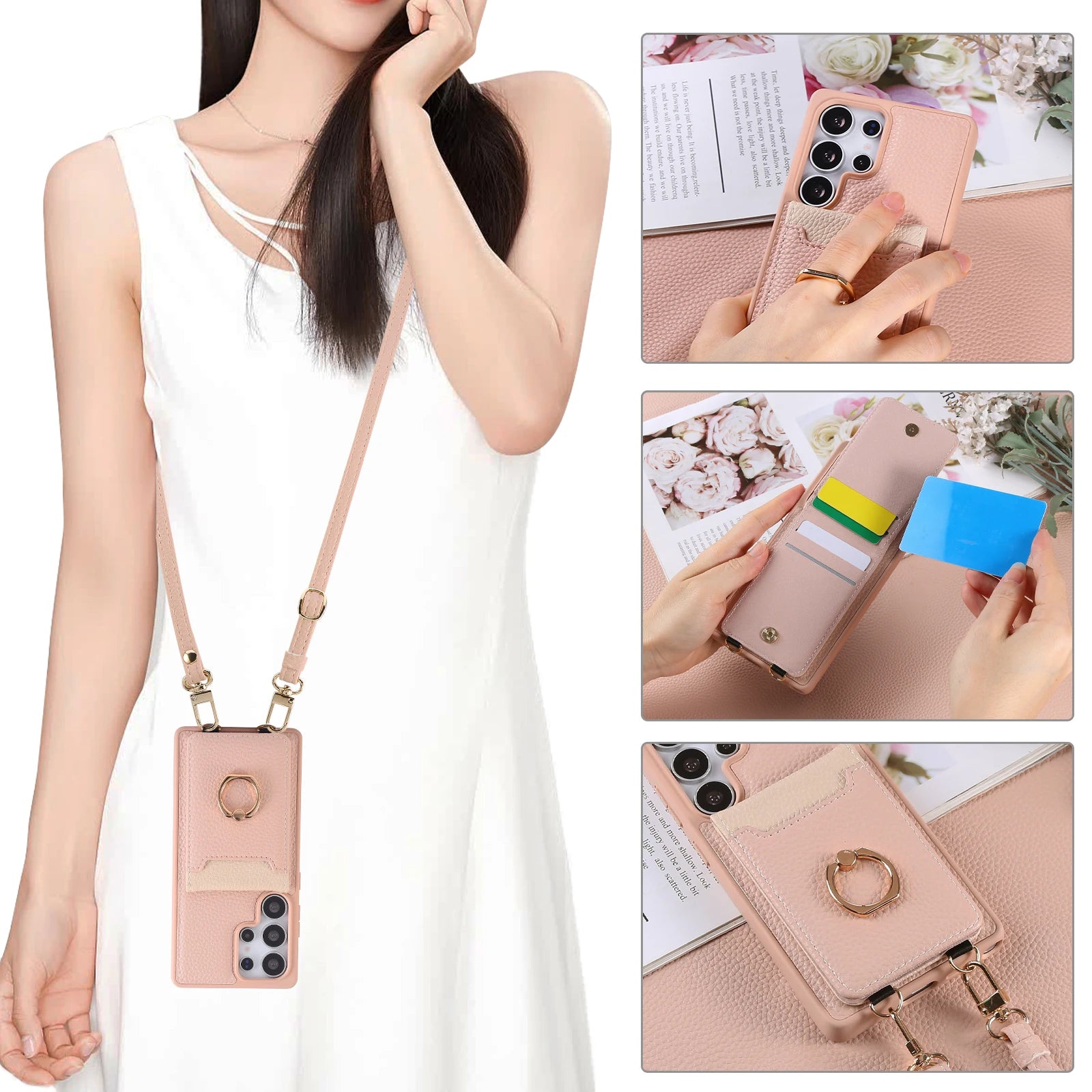 Lychee Grain Leather Crossbody Case with Adjustable D-Ring Strap and Card Wallet for Samsung Galaxy S23 Series