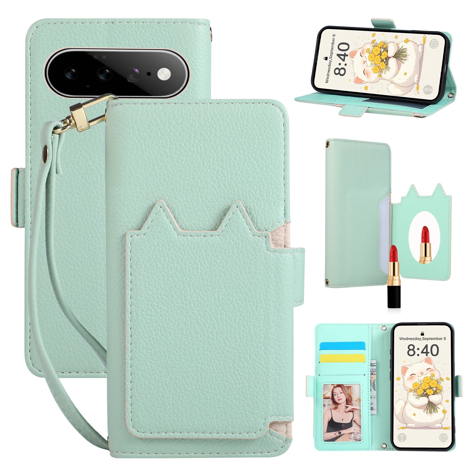 Leather Flip Case with Makeup Mirror for Google Pixel 11 Series