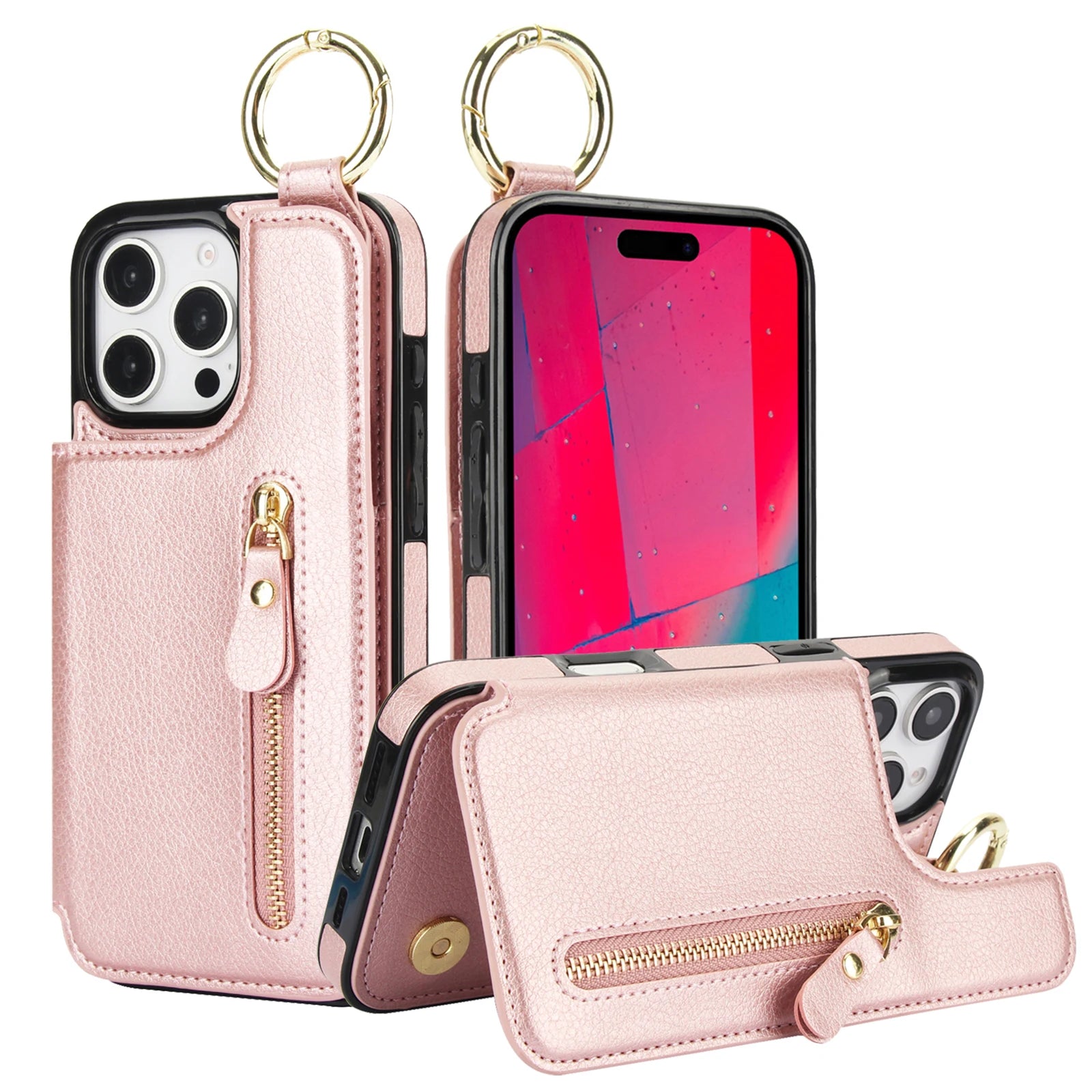 Protective Leather Case with Zipper Wallet & Ring Holder for iPhone 16 Series