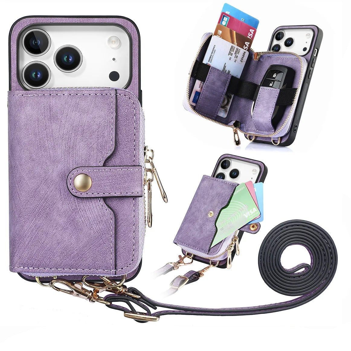 Multi-Functional Crossbody Leather Case with Card Slots & Zipper Pouch for iPhone 17 Series