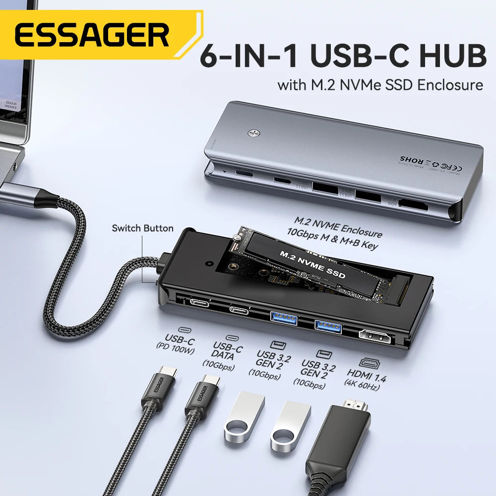 Essager USB-C Hub with M.2 SSD Enclosure – Expand Connectivity & Storage