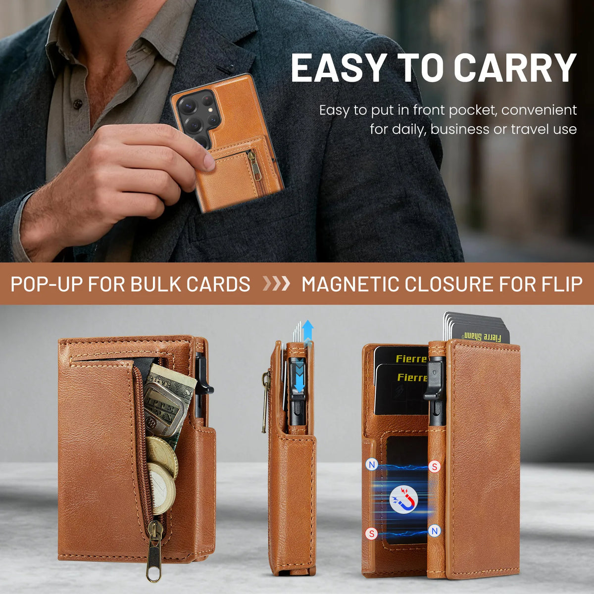 Grain Leather Detachable Magnetic Card Holder Case with Kickstand for Samsung Galaxy S23 Series