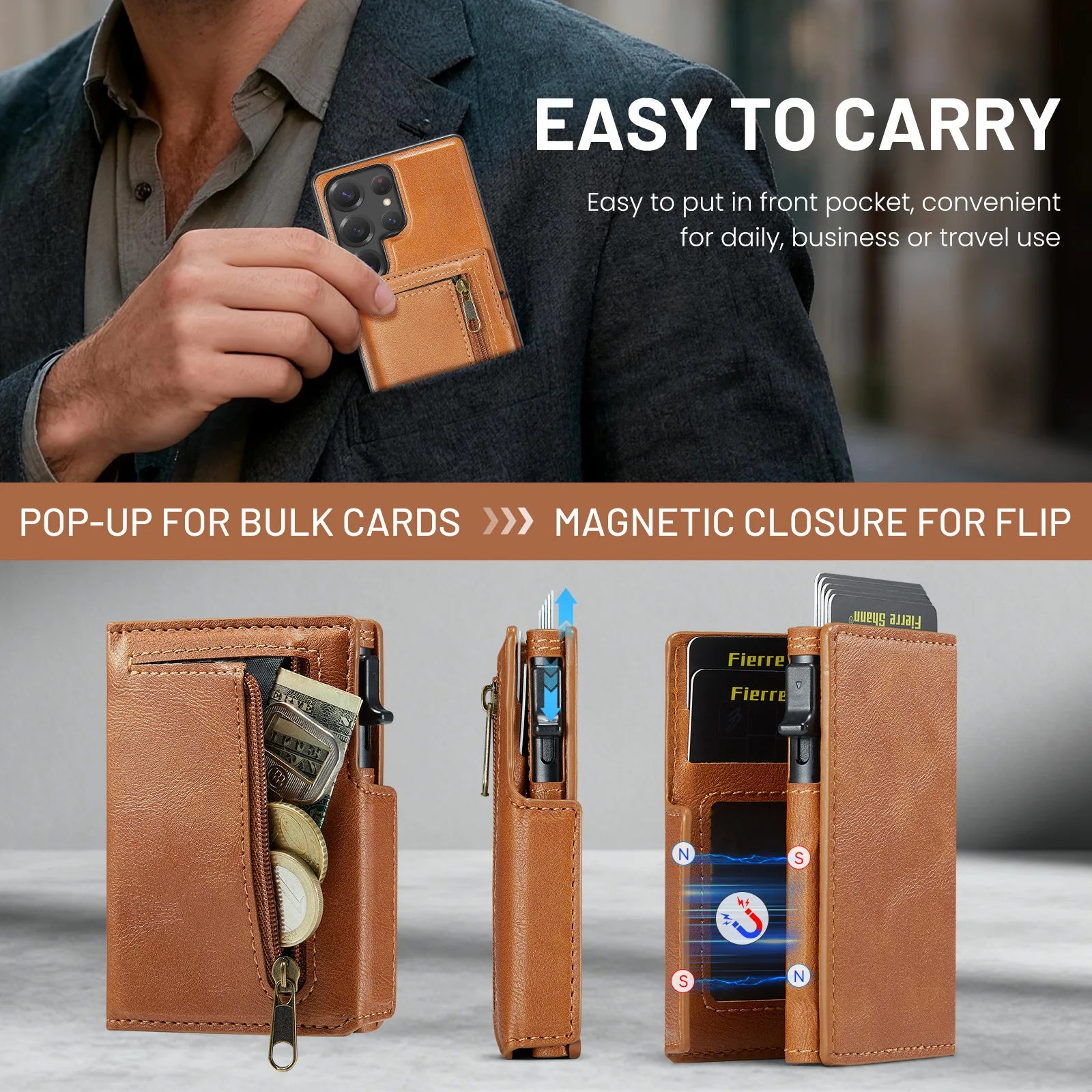 Leather Detachable Magnetic Card Holder Case with Kickstand for Samsung Galaxy S24 Series