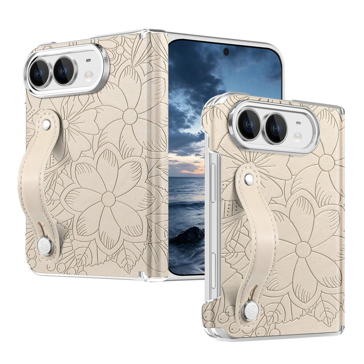 Embossed Floral Leather Case with Wrist Strap and Hinge Protection for iPhone Duo
