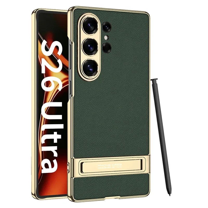 Luxury Matte Leather Case with Hidden Kickstand for Samsung Galaxy S26 Ultra