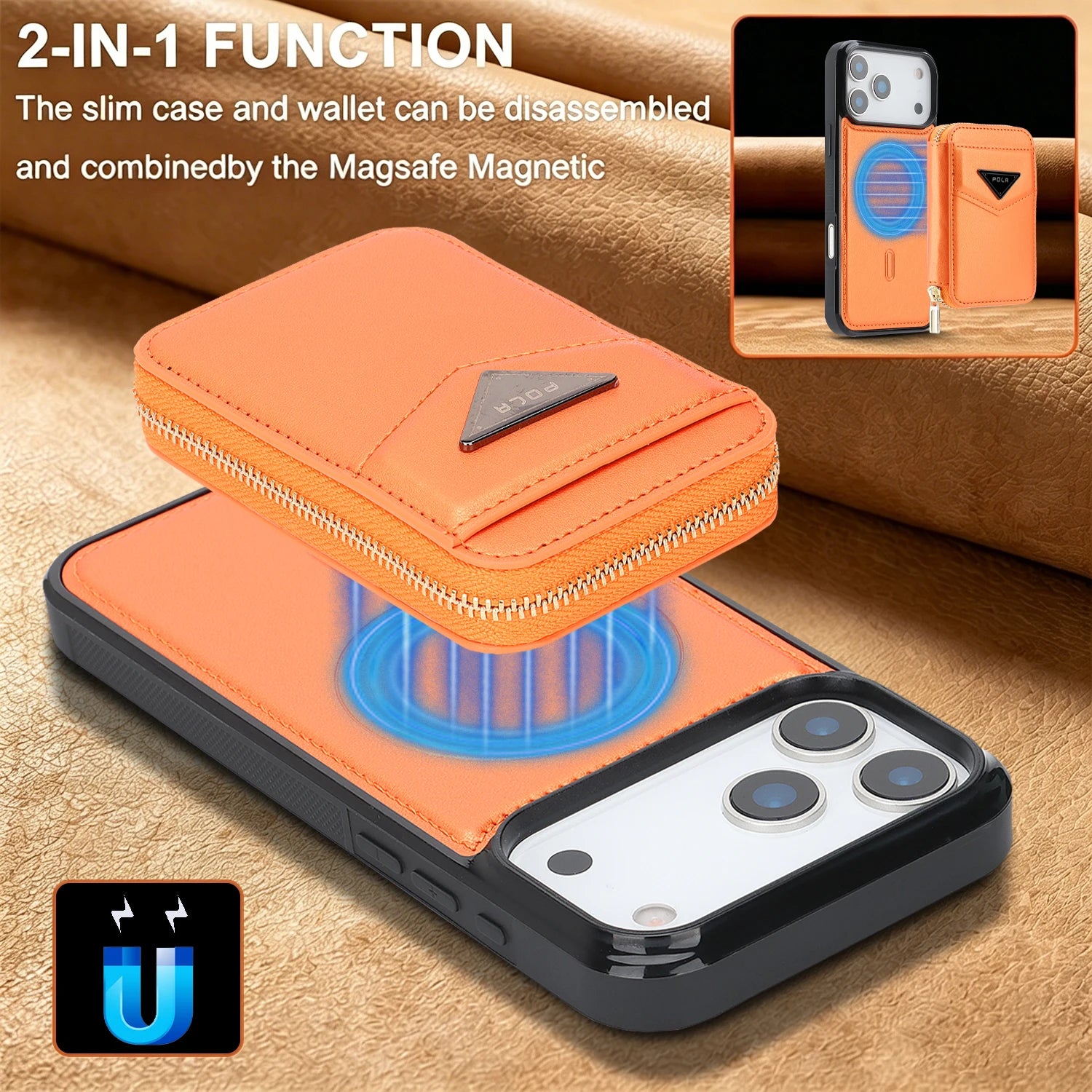 Shockproof Leather MagSafe Case with Detachable Zipper Wallet for iPhone 17 Serie