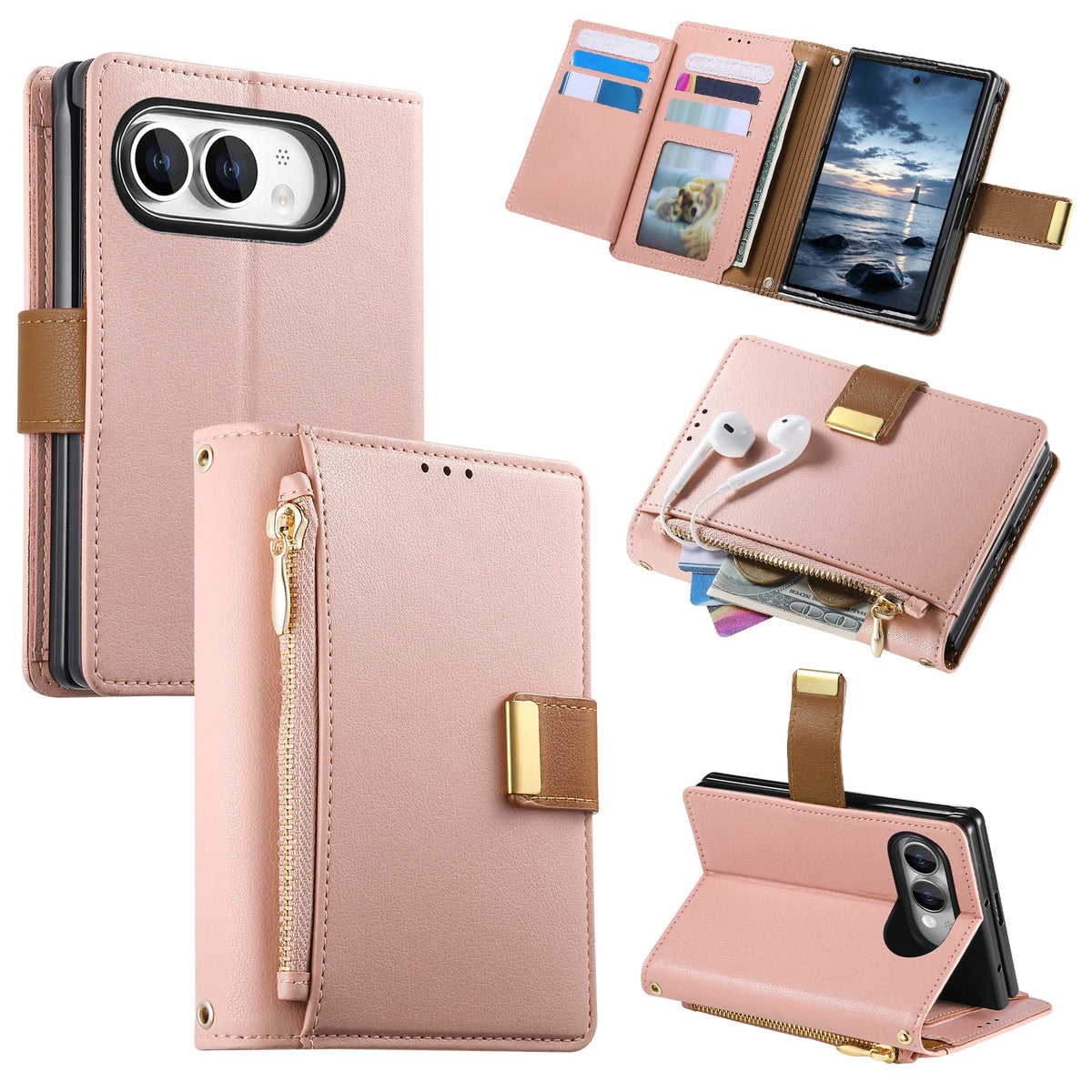 Vegan Leather 4-Card Kickstand Wallet Case with Zippered Coin Pocket for iPhone Duo