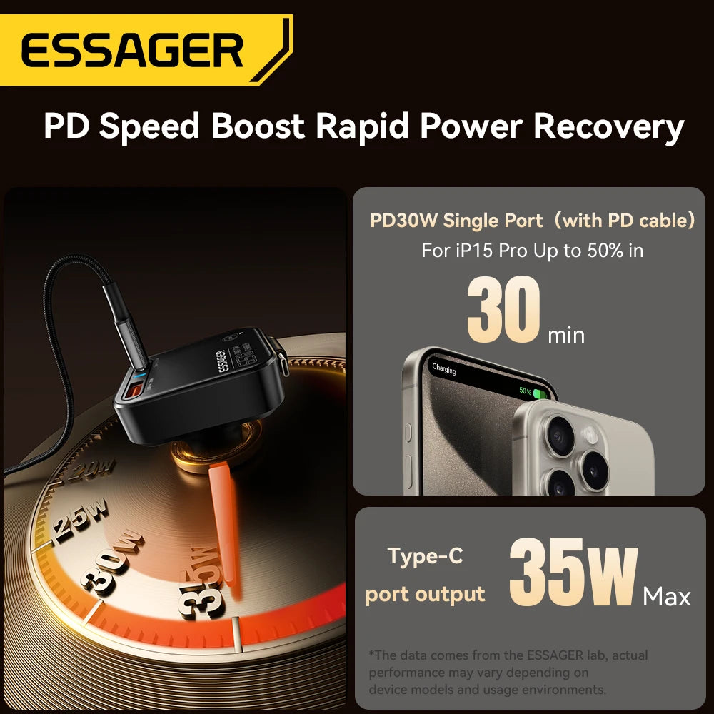 Essager 65W USB-C Car Charger with Retractable Cable
