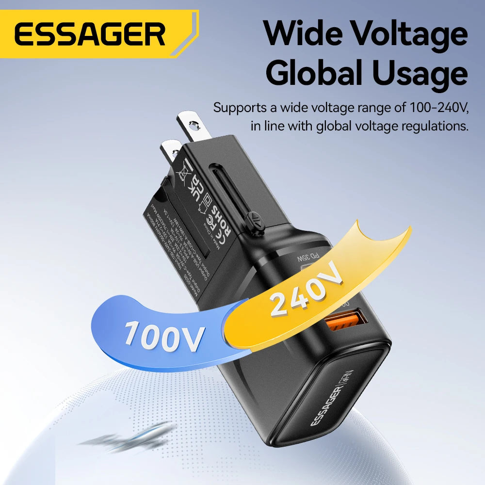 Essager 35W GaN International Travel Adapter with Dual USB-C Fast Charging Ports