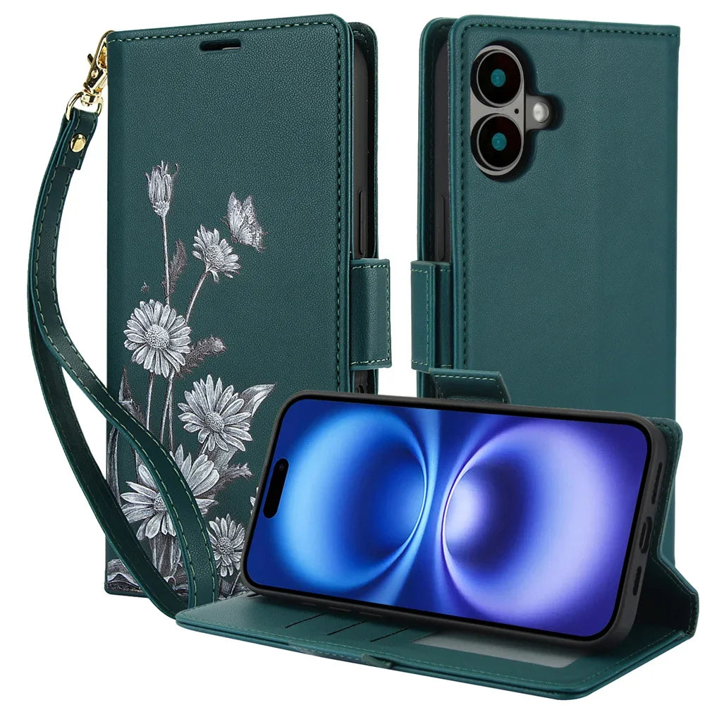 Premium Leather Flip Case with Card Slots & Wrist Strap for iPhone 16 Series