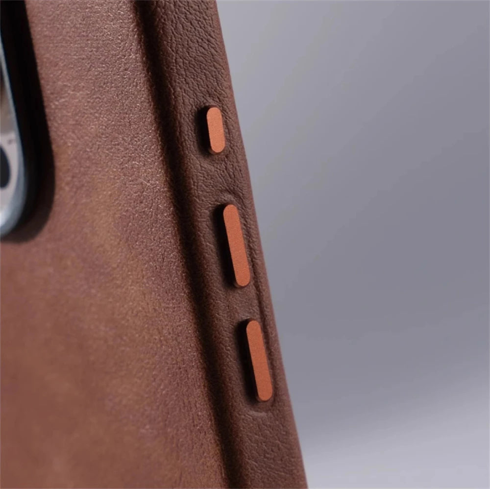 Luxury Business Retro Leather MagSafe Case with Alloy Lens for iPhone 16 Series