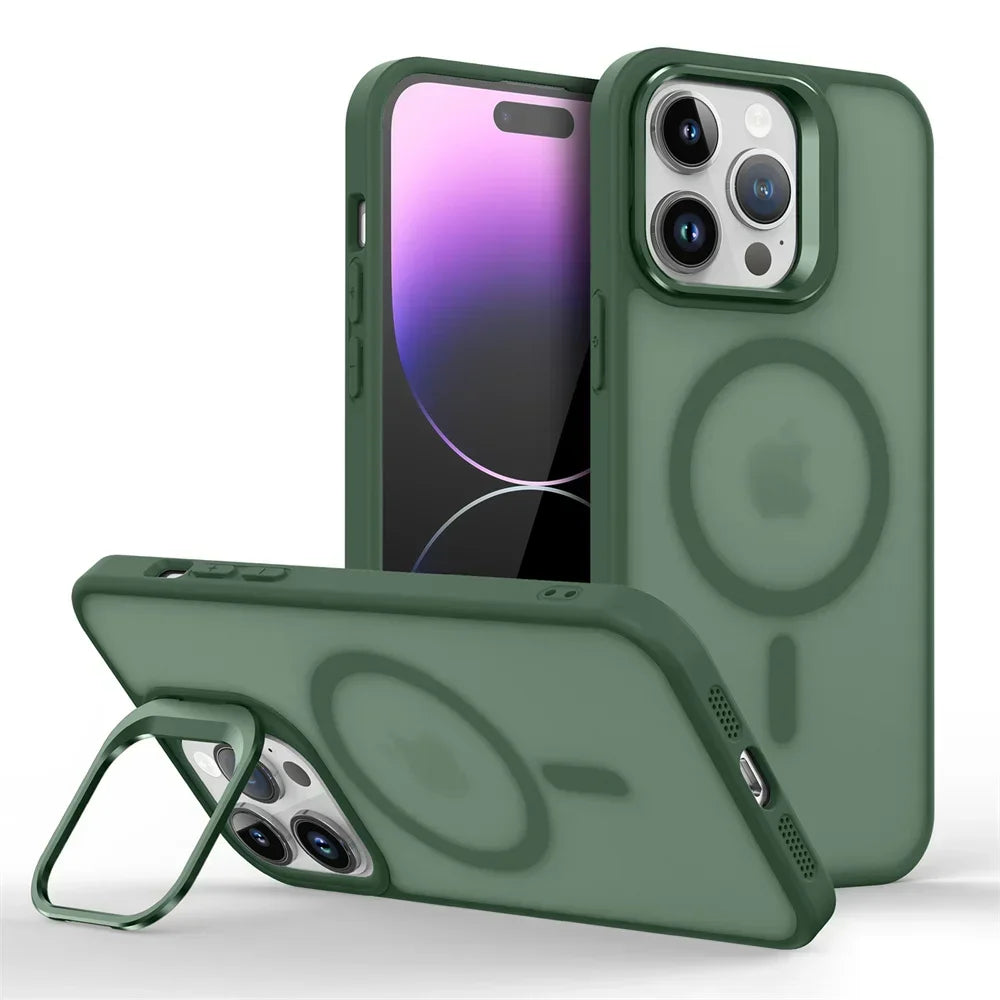 Shockproof Matte MagSafe Case with Metal Lens Stand for iPhone 15 Series