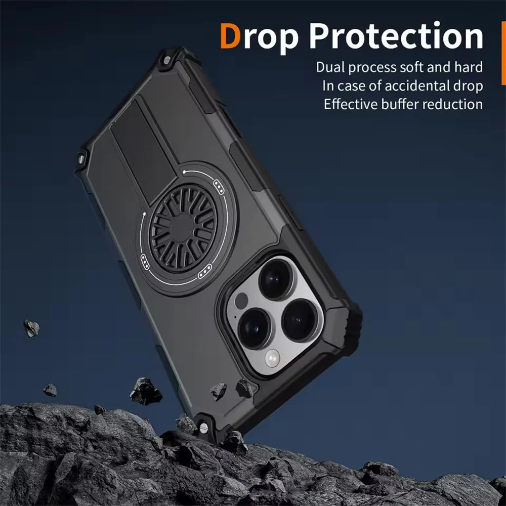 Shockproof Armor MagSafe Case with Invisible Fold Stand for iPhone 15 Series