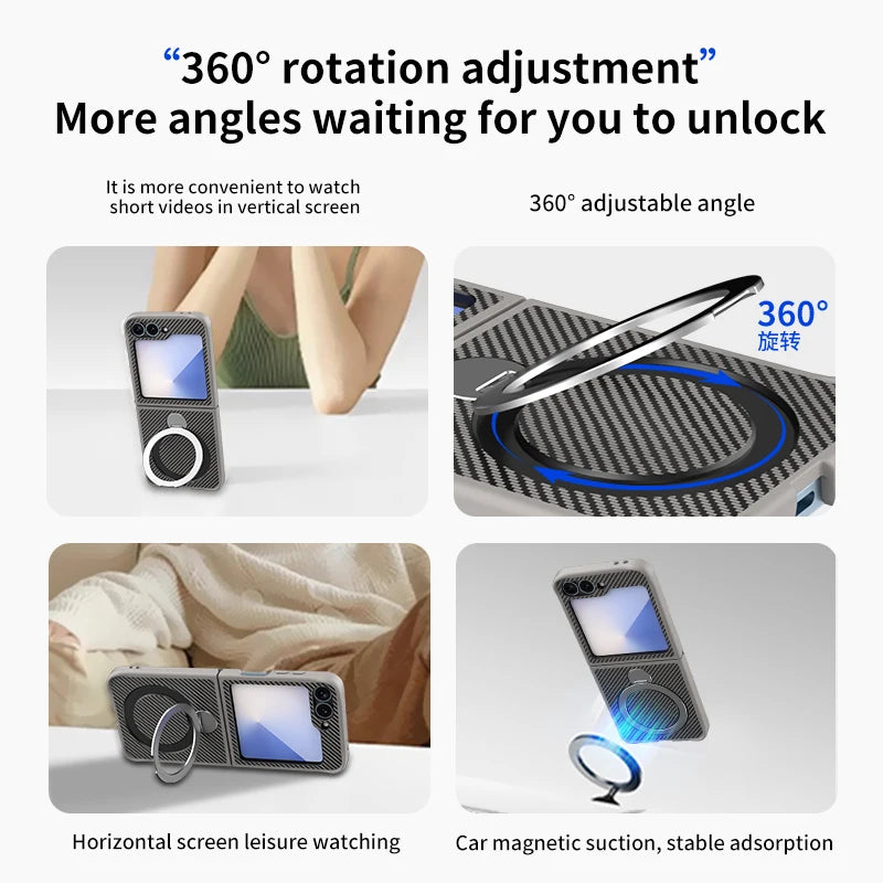 Carbon Fiber Leather Case with Rotating Ring Bracket for Samsung Galaxy Z Flip 6