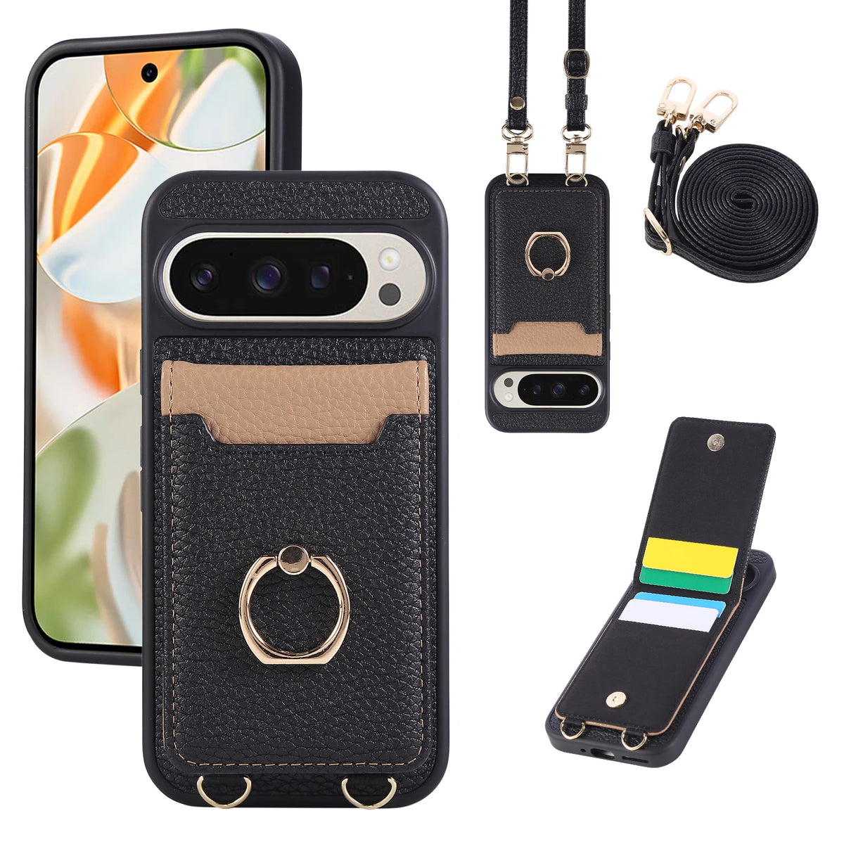 Lychee Grain Leather Crossbody Lanyard Case with Card Slot and Ring Holder for Google Pixel 10 Series