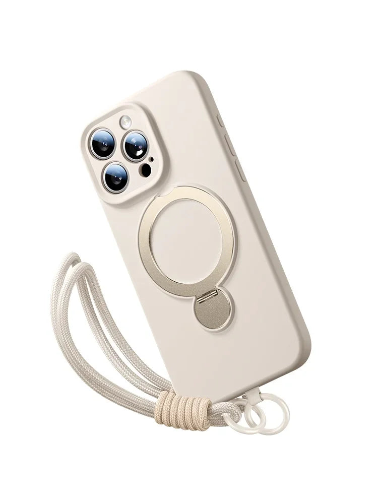 iPhone 16 Series Silicone MagSafe Case with Rotating Ring Holder Stand