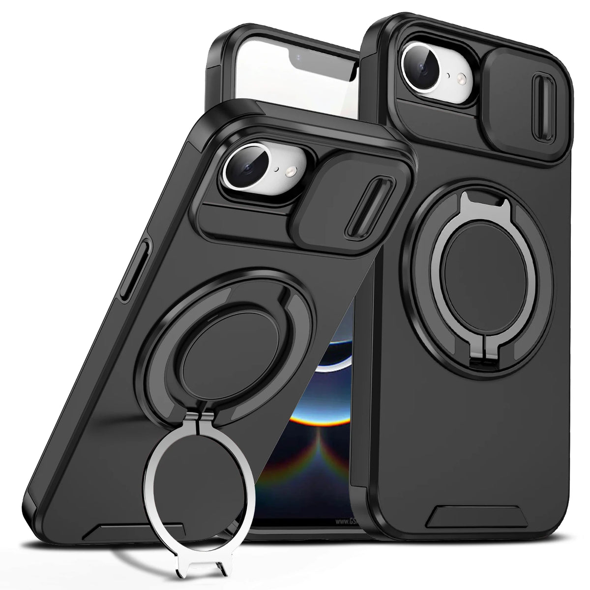 Sliding Lens Cover Shockproof Case with 360° Rotating Ring Stand for iPhone 16e
