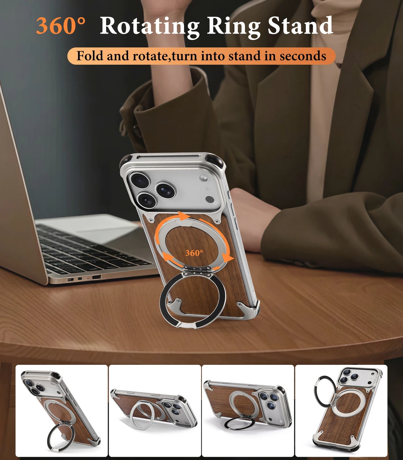 Shockproof Wooden MagSafe Case with 360° Kickstand Ring for iPhone 17 Pro & Pro Max