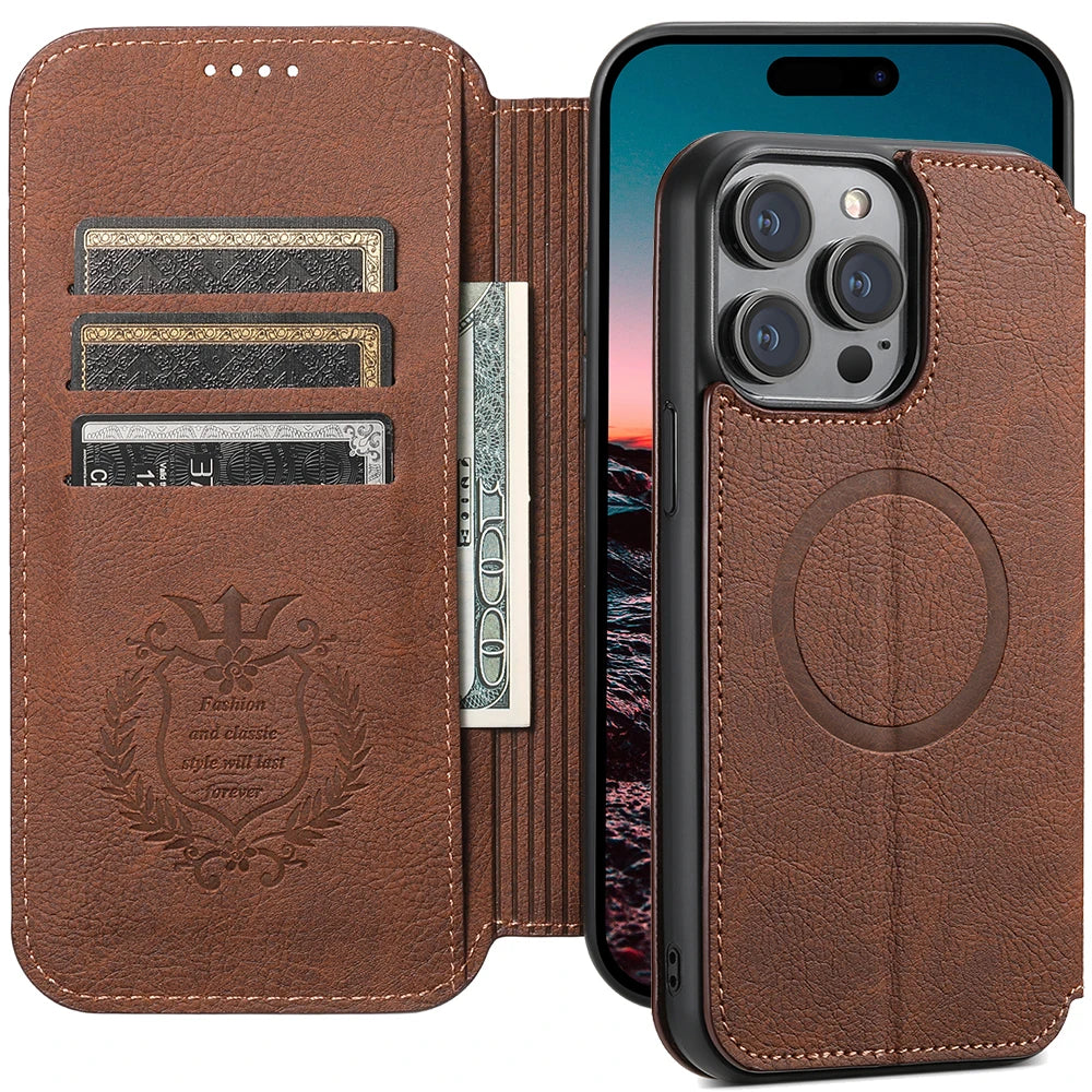 Flip Leather Wallet Case with MagSafe & Card Holder for iPhone 15 Series