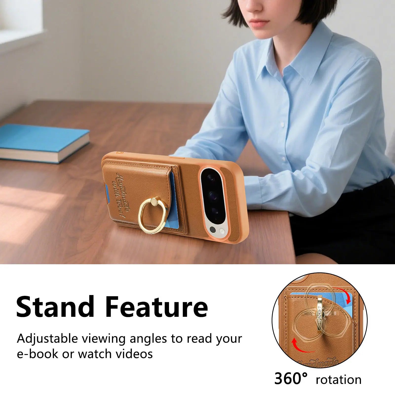 Google Pixel 9 Series Leather Wallet Case with Ring Holder and Kickstand