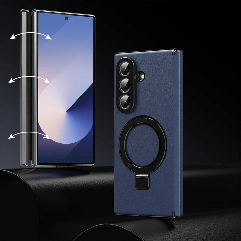 Samsung Galaxy Z Fold 7 Leather Magnetic Case with Ring Holder and Screen Protector