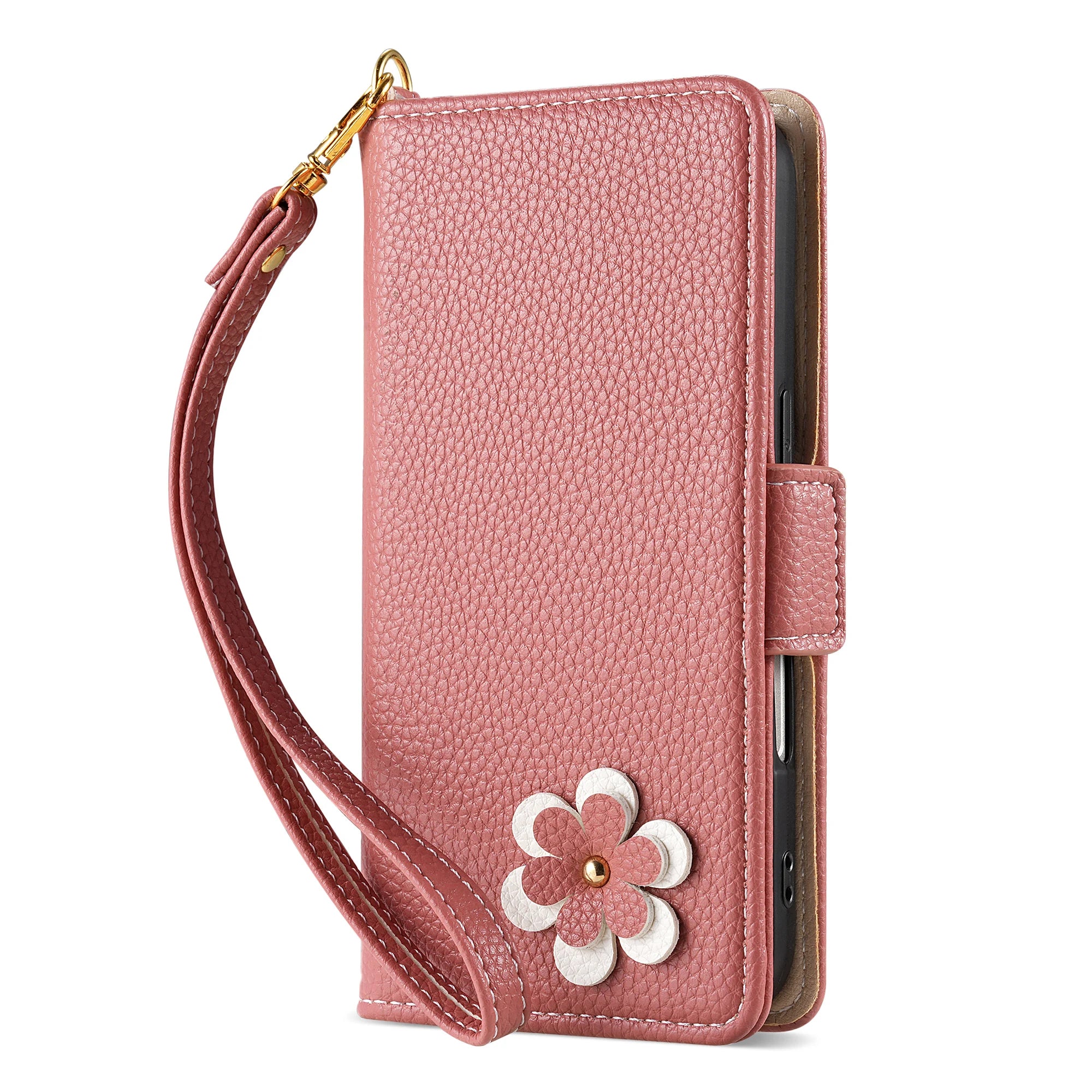 Flower Leather Wallet Case with Card Holder & Strap for iPhone 15 Series