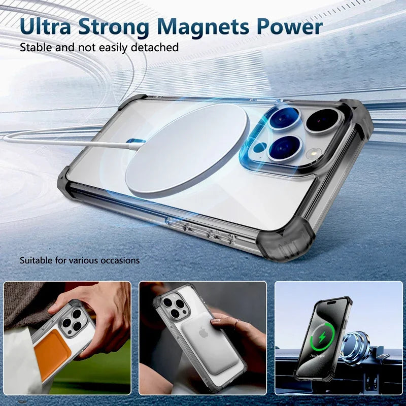 Shockproof Armor Transparent MagSafe Case for iPhone 16 Series
