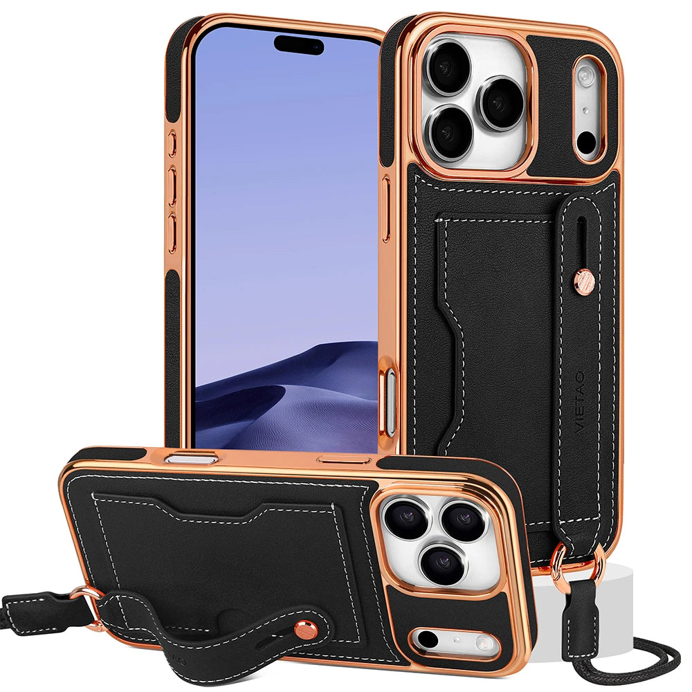 Lychee Grain Leather Crossbody Case with Detachable Neck Strap for iPhone 17 Series